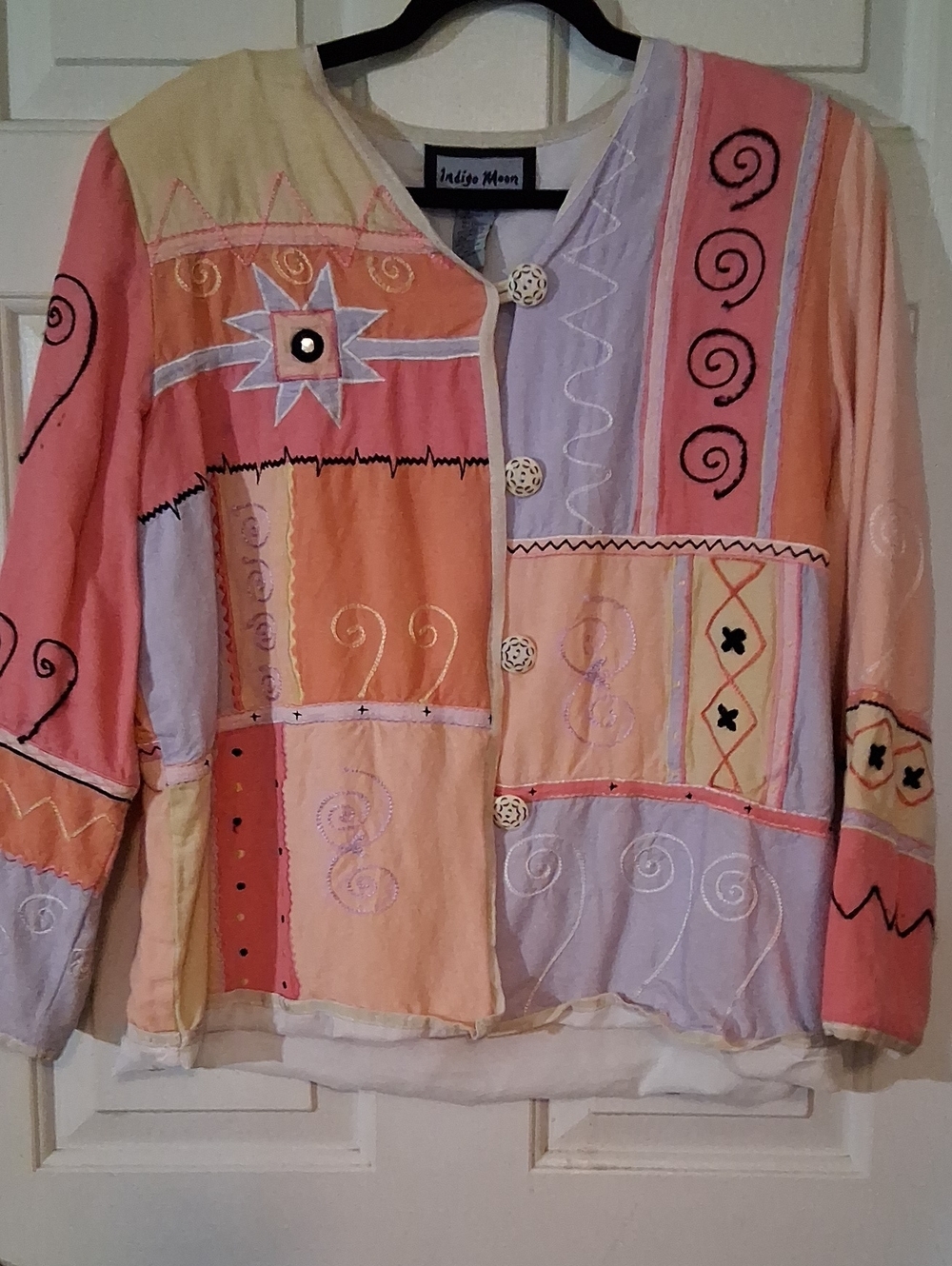 Indigo Patchwork Pastel Button-Front Jacket - Pink, Peach & Lavender